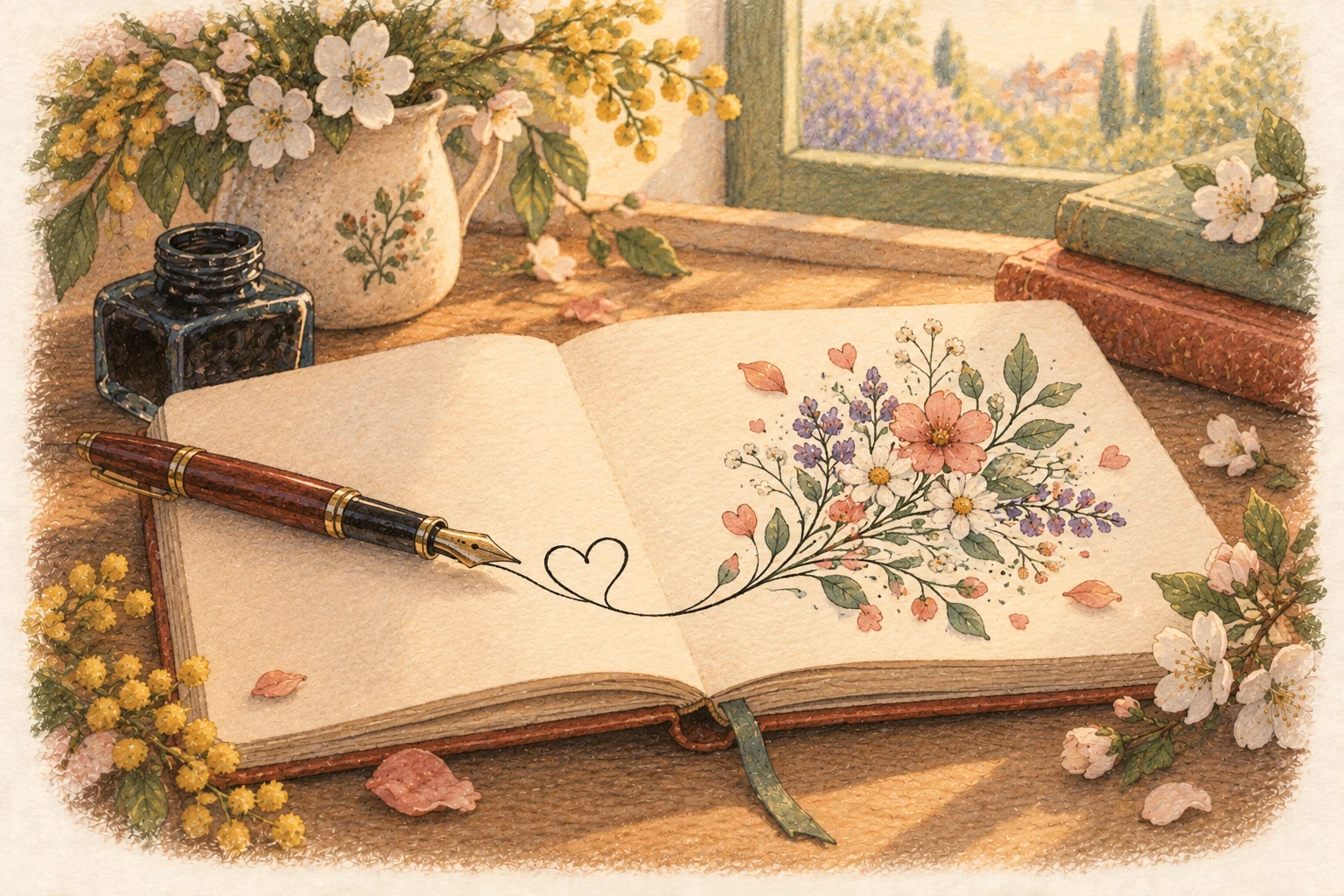 Una penna traccia un cuore che diventa un ramo fiorito sulle pagine di un quaderno, accanto a una finestra.