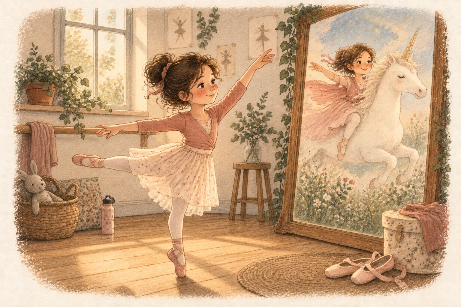 Una bambina danza davanti allo specchio e immagina di cavalcare un unicorno.