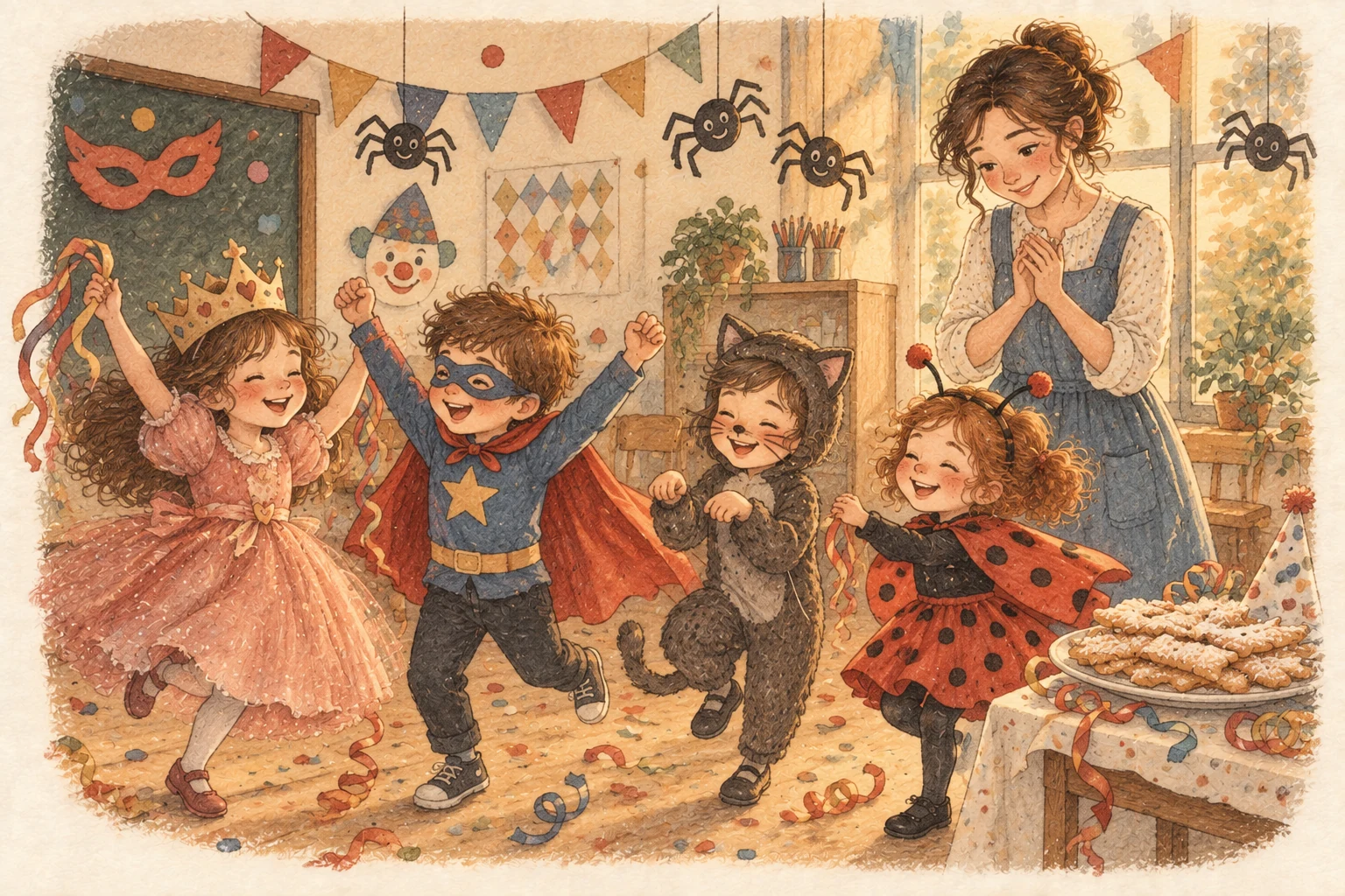 Bambini in costume danzano a una festa di Carnevale, tra dolci e decorazioni di carta.