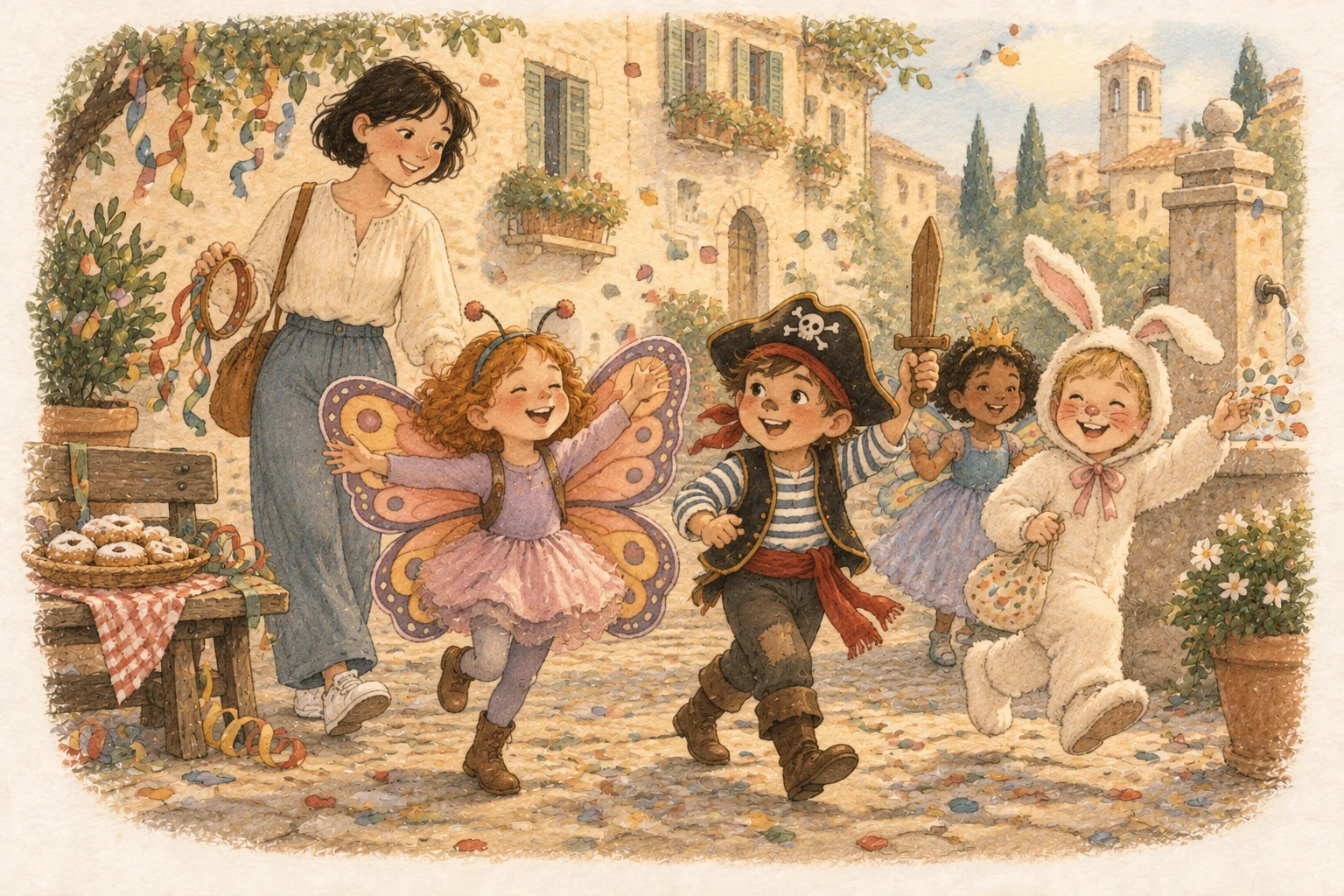 Bambini travestiti da farfalla, pirata, principessa e coniglio sfilano in un borgo tra coriandoli e dolci, accompagnati da una donna con il tamburello.