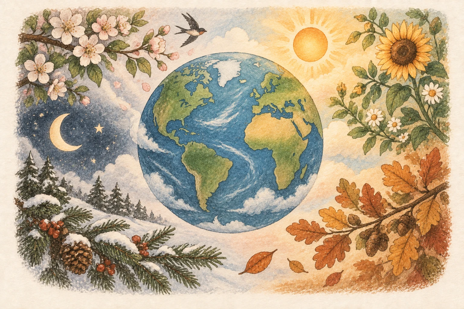 La Terra, circondata dal Sole, dalla Luna e da piccoli elementi che richiamano le quattro stagioni.