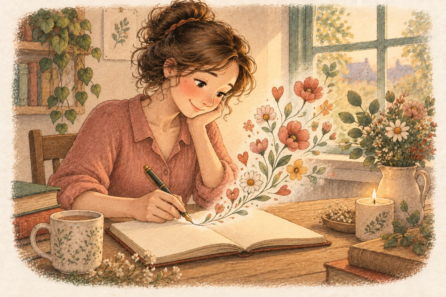 Da una penna su un quaderno nascono piccoli cuori e fiori, simboli delle emozioni della poesia.