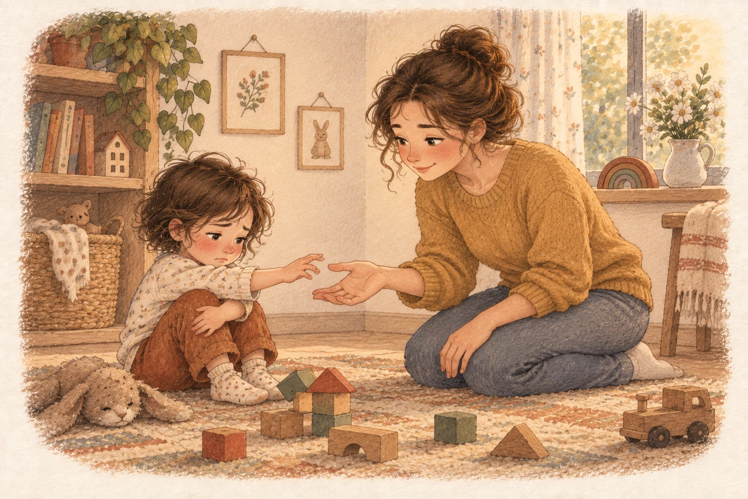 Un adulto si abbassa all’altezza di un bambino contrariato e gli tende la mano per ascoltarlo.