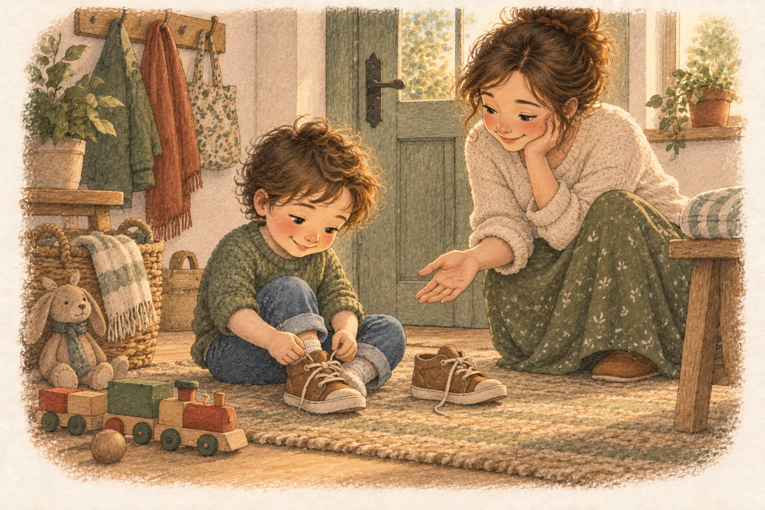 Un bambino prova a mettersi le scarpe da solo, con la mamma vicina e un trenino sul pavimento.