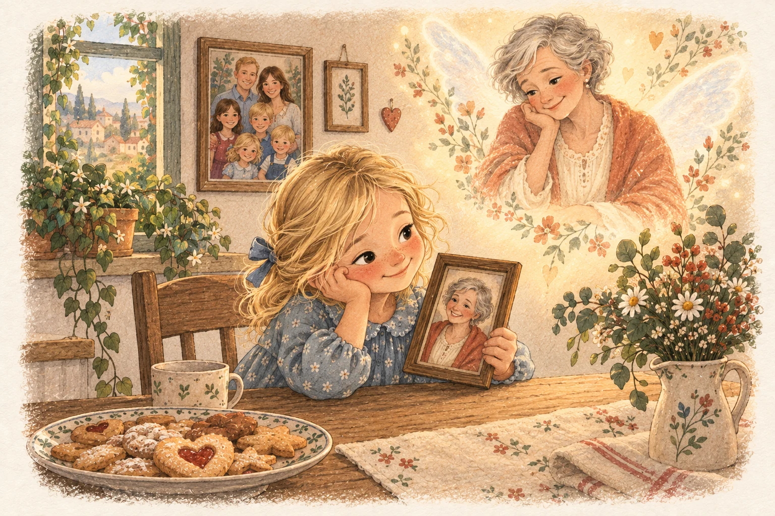 Una bambina bionda guarda il ritratto della nonna, evocata nella luce con piccole ali simboliche.