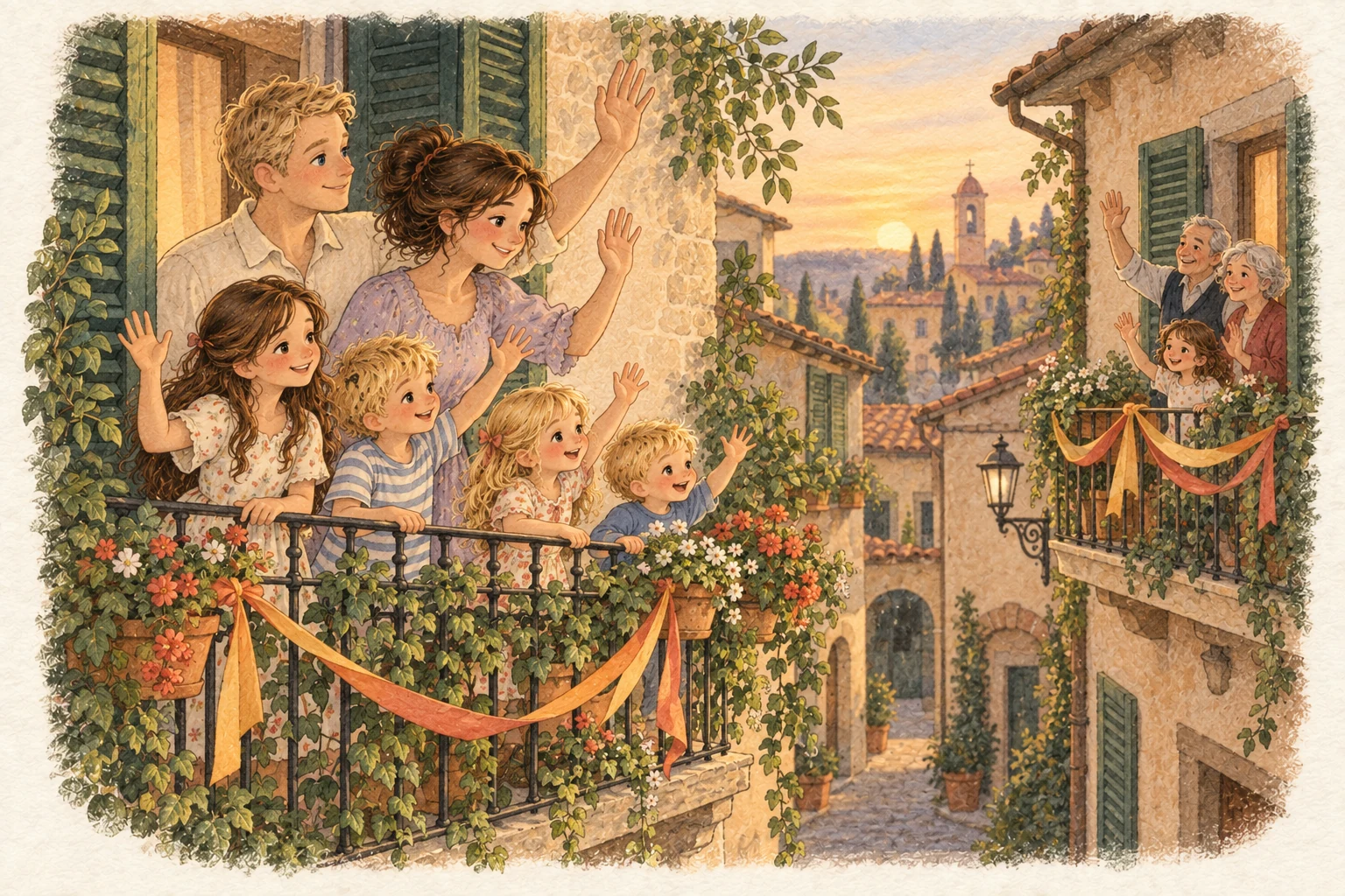 Una famiglia con quattro bambini saluta i vicini dal balcone, tra nastri gialli, arancioni e rossi.
