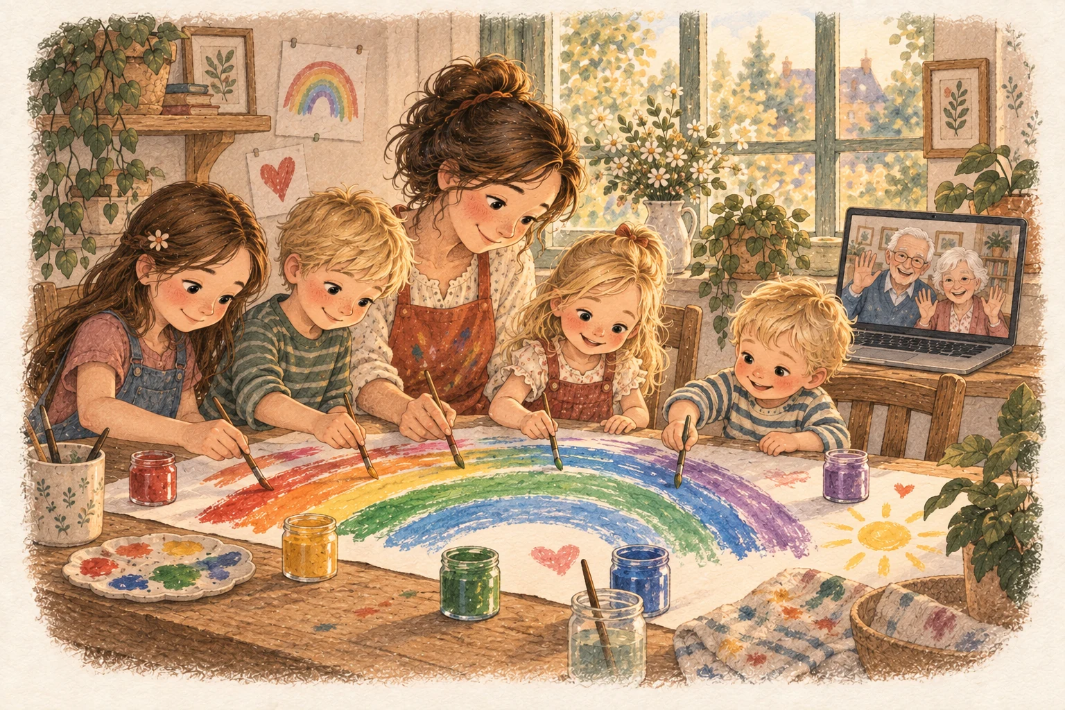 La mamma e quattro bambini dipingono un arcobaleno mentre i nonni salutano sullo schermo del computer.